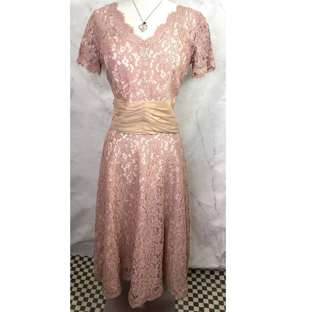 Vintage 1950s Lace Cocktail Tea Dress Ruched Chiffon Waist 50s Mad Men 38 L MCM